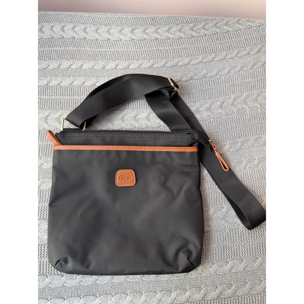 BRICS Black Nylon Crossbody‎ Bag Tan Leather Trim Adjustable Strap Travel Italy